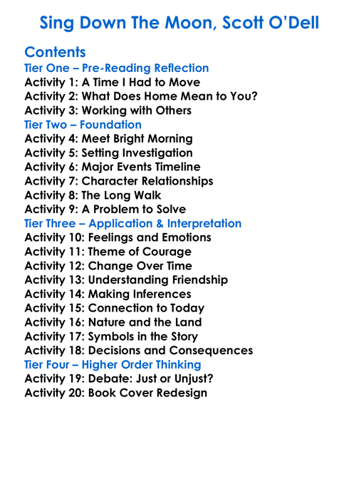 Sing Down The Moon Scott Odell Worksheet Activity Booklet