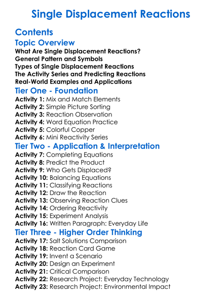 Single Displacement Reactions Worksheet Activity Booklet