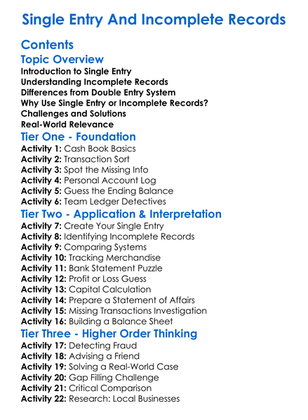 Single Entry And Incomplete Records Worksheet Activity Booklet