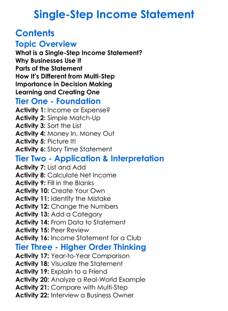 Single-Step Income Statement Worksheet Activity Booklet