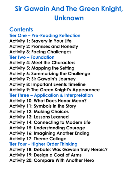 Sir Gawain And The Green Knight Unknown Worksheet Activity Booklet
