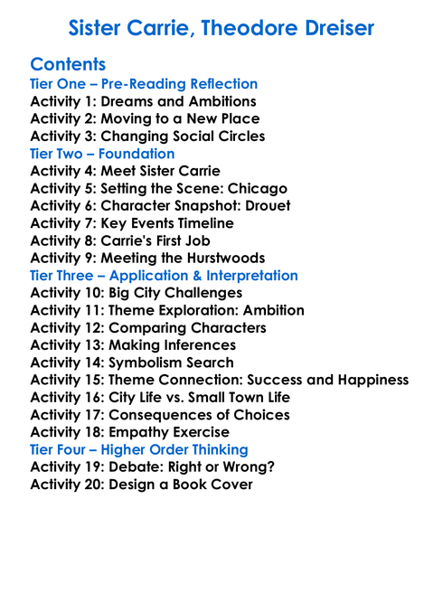 Sister Carrie Theodore Dreiser Worksheet Activity Booklet