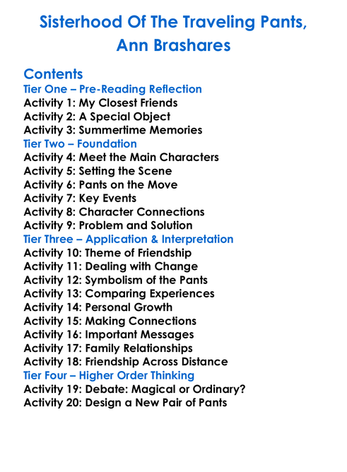 Sisterhood Of The Traveling Pants Ann Brashares Worksheet Activity Booklet