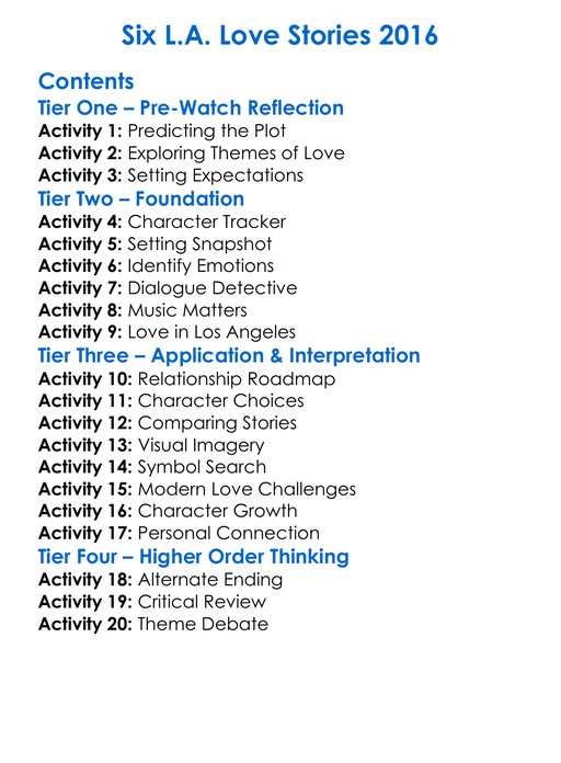 Six La Love Stories 2016 Worksheet Activity Booklet