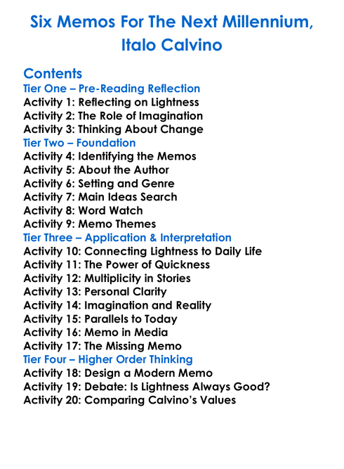 Six Memos For The Next Millennium Italo Calvino Worksheet Activity Booklet