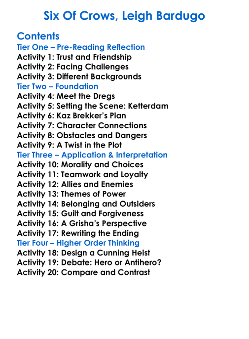 Six Of Crows Leigh Bardugo Worksheet Activity Booklet