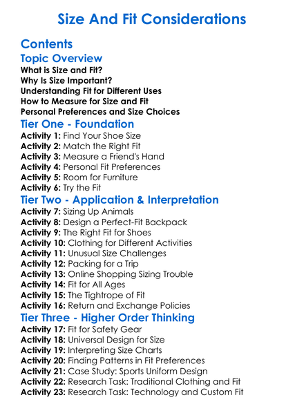Size And Fit Considerations Worksheet Activity Booklet