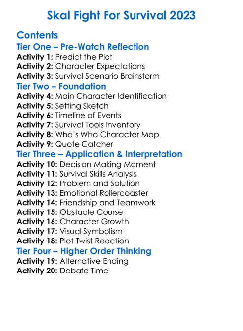 Skal Fight For Survival 2023 Worksheet Activity Booklet