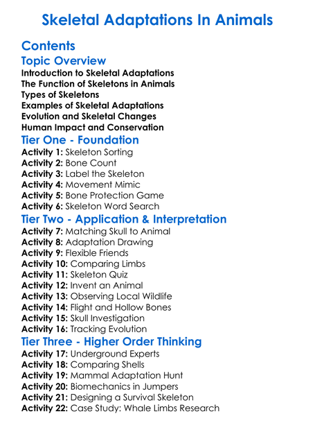 Skeletal Adaptations In Animals Worksheet Activity Booklet