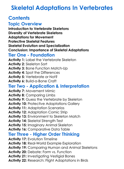 Skeletal Adaptations In Vertebrates Worksheet Activity Booklet