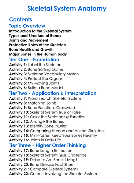 Skeletal System Anatomy Worksheet Activity Booklet