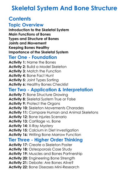 Skeletal System And Bone Structure Worksheet Activity Booklet