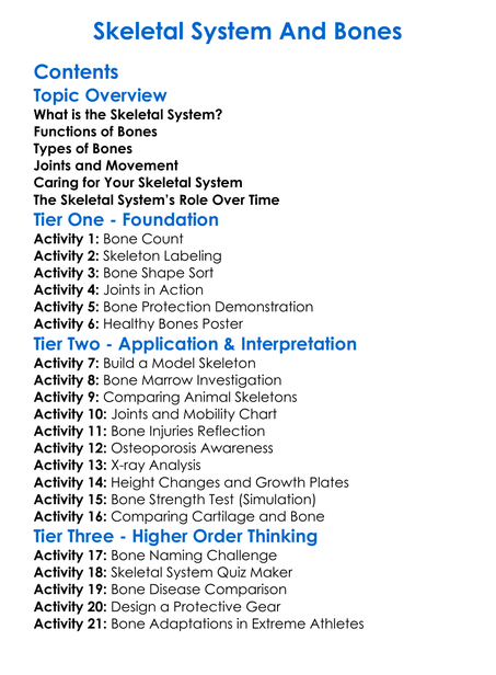 Skeletal System And Bones Worksheet Activity Booklet