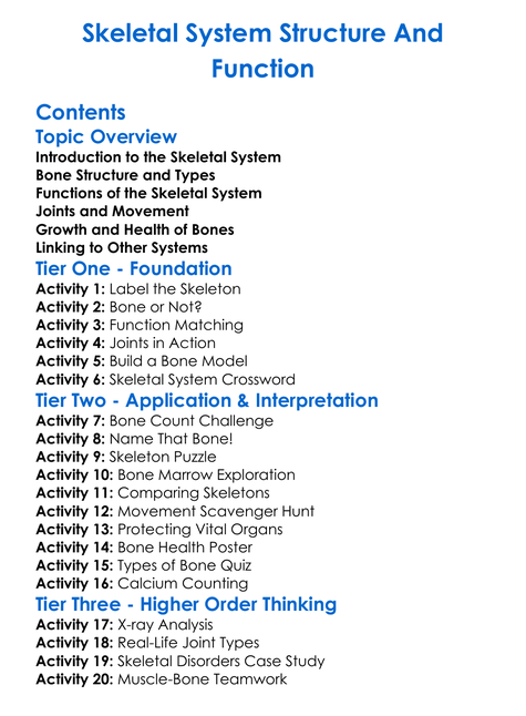 Skeletal System Structure And Function Worksheet Activity Booklet