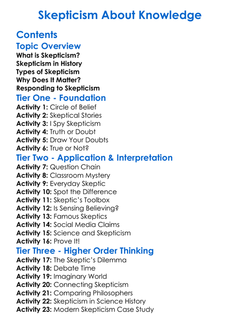 Skepticism About Knowledge Worksheet Activity Booklet