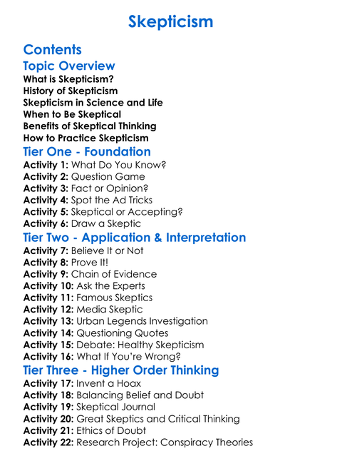 Skepticism Worksheet Activity Booklet
