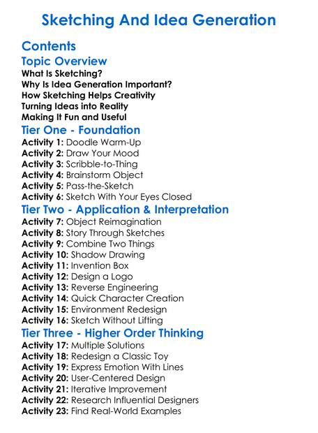 Sketching And Idea Generation Worksheet Activity Booklet