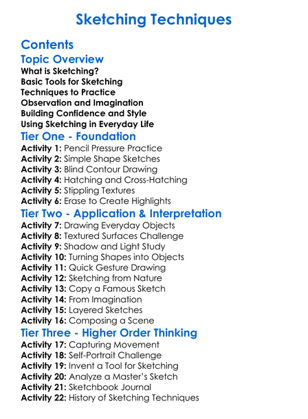 Sketching Techniques Worksheet Activity Booklet