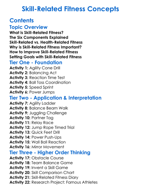 Skill-Related Fitness Concepts Worksheet Activity Booklet