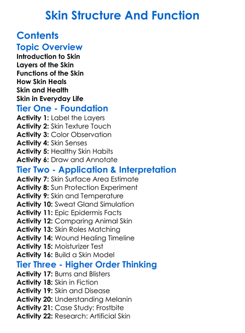 Skin Structure And Function Worksheet Activity Booklet