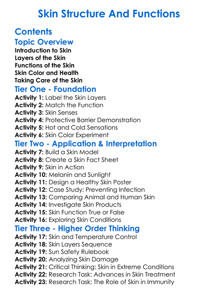 Skin Structure And Functions Worksheet Activity Booklet