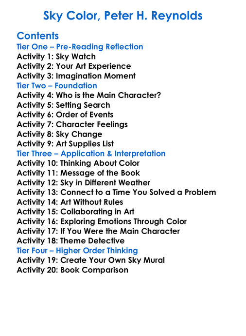 Sky Color Peter H Reynolds Worksheet Activity Booklet
