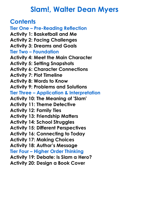 Slam Walter Dean Myers Worksheet Activity Booklet