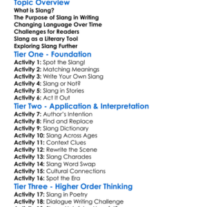 Slang In Literature Worksheet Activity Booklet
