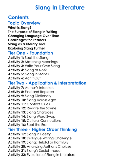 Slang In Literature Worksheet Activity Booklet