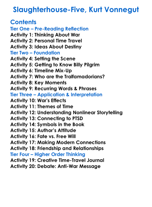 Slaughterhouse-Five Kurt Vonnegut Worksheet Activity Booklet