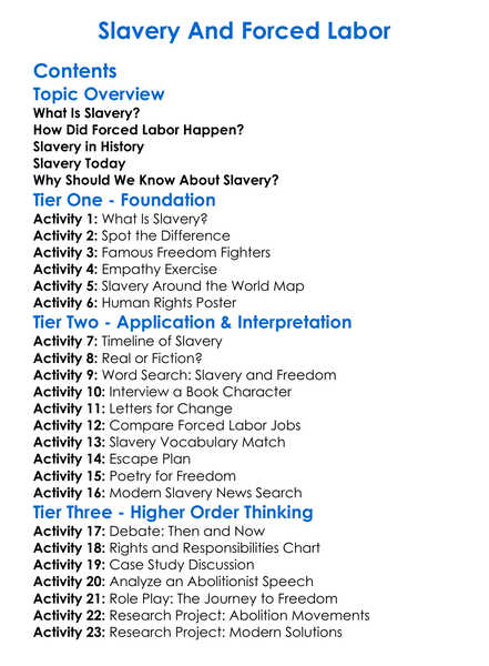 Slavery And Forced Labor Worksheet Activity Booklet