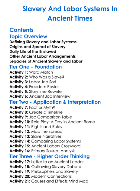 Slavery And Labor Systems In Ancient Times Worksheet Activity Booklet