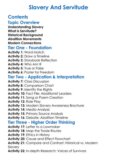 Slavery And Servitude Worksheet Activity Booklet