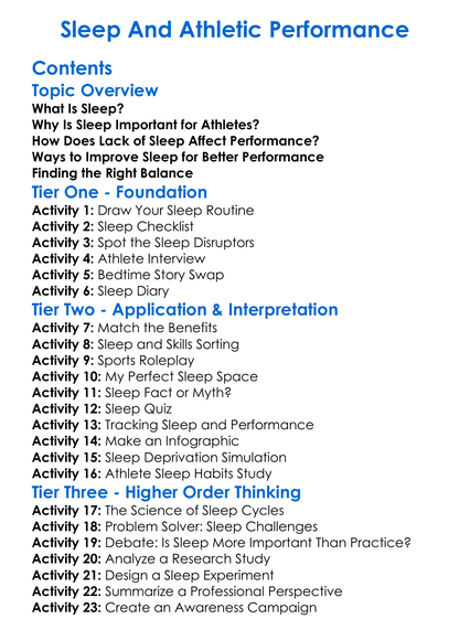 Sleep And Athletic Performance Worksheet Activity Booklet