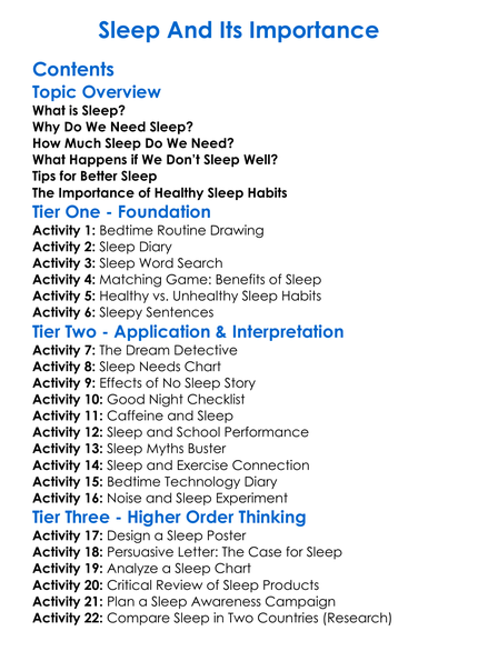 Sleep And Its Importance Worksheet Activity Booklet