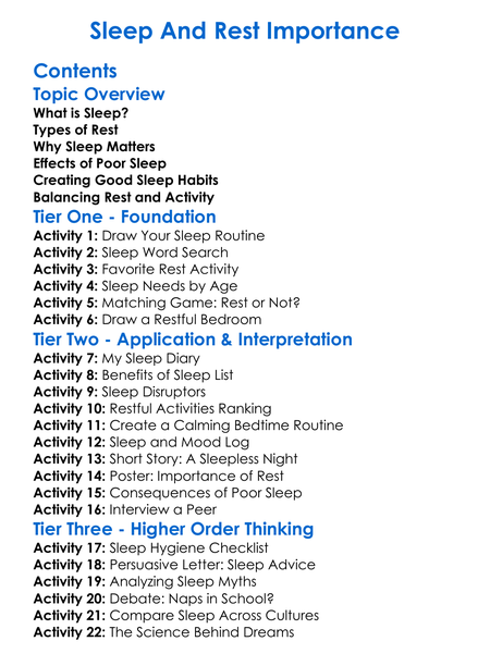 Sleep And Rest Importance Worksheet Activity Booklet