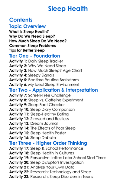 Sleep Health Worksheet Activity Booklet