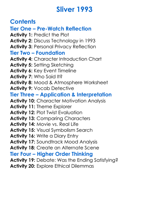Sliver 1993 Worksheet Activity Booklet