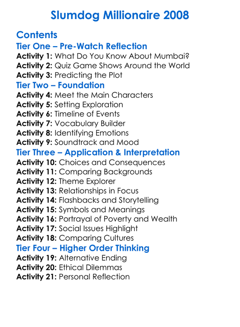 Slumdog Millionaire 2008 Worksheet Activity Booklet