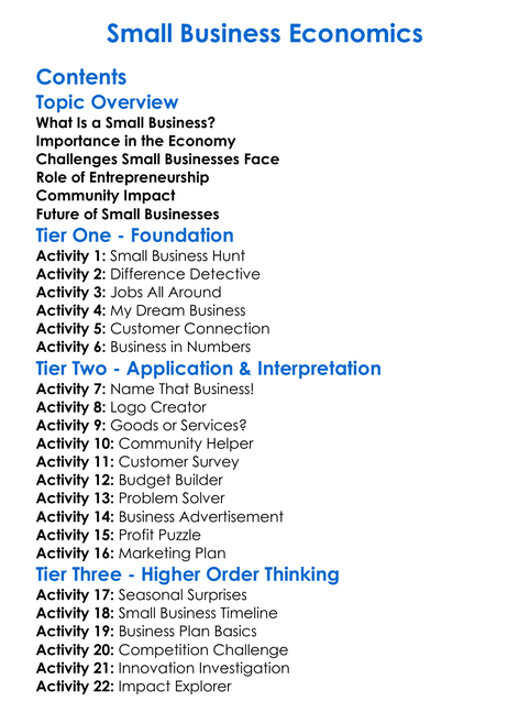 Small Business Economics Worksheet Activity Booklet