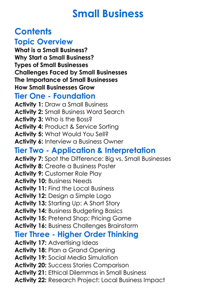 Small Business Worksheet Activity Booklet