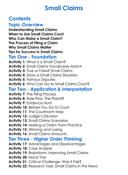 Small Claims Worksheet Activity Booklet