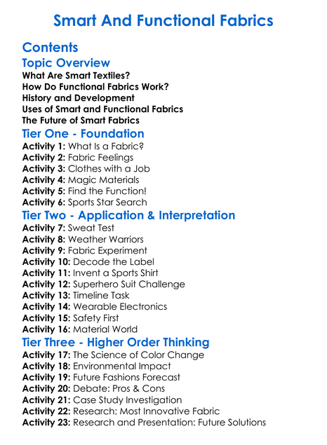 Smart And Functional Fabrics Worksheet Activity Booklet