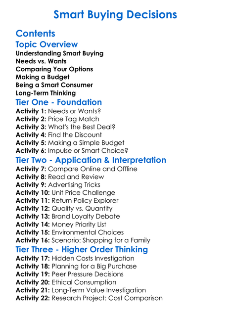 Smart Buying Decisions Worksheet Activity Booklet