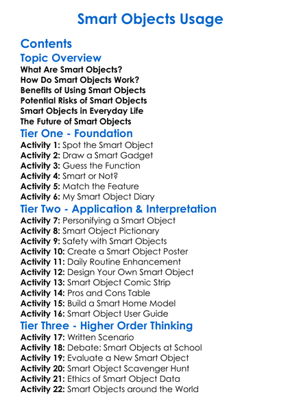 Smart Objects Usage Worksheet Activity Booklet