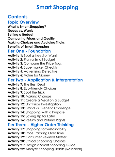 Smart Shopping Worksheet Activity Booklet