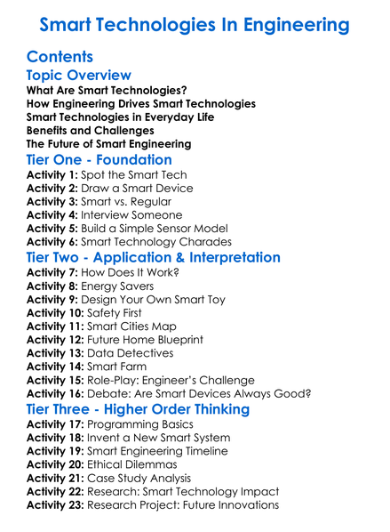 Smart Technologies In Engineering Worksheet Activity Booklet