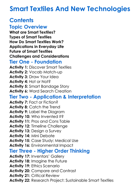 Smart Textiles And New Technologies Worksheet Activity Booklet
