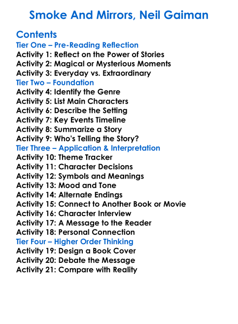 Smoke And Mirrors Neil Gaiman Worksheet Activity Booklet