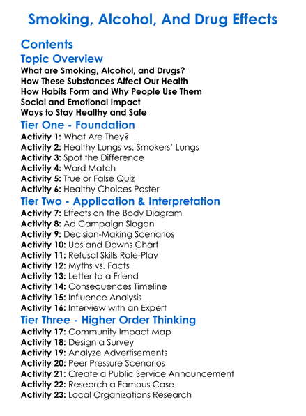 Smoking Alcohol And Drug Effects Worksheet Activity Booklet